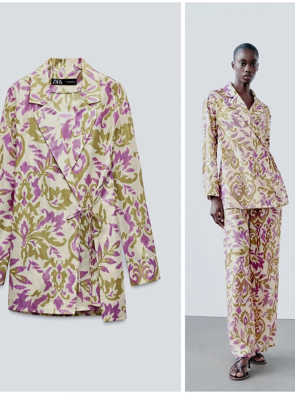 Zara Metallic Ikat Print Tie Wrap Shirt Purple Gold Cream Size M